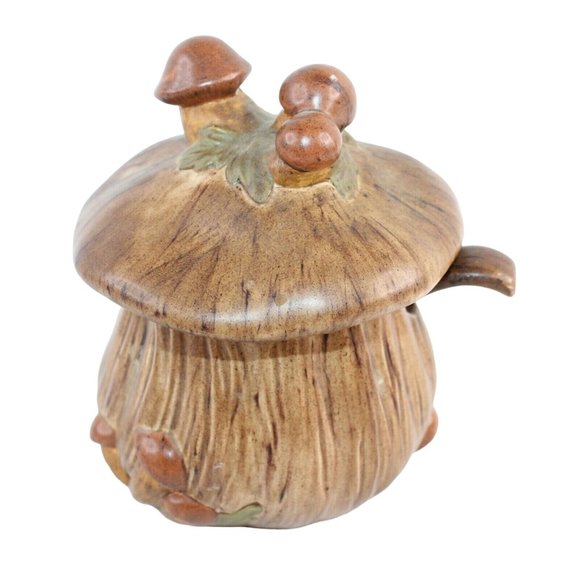 Vintage Hand Painted MCM Ceramic Mushroom Sugar Bowl Lid Matching Spoon Set